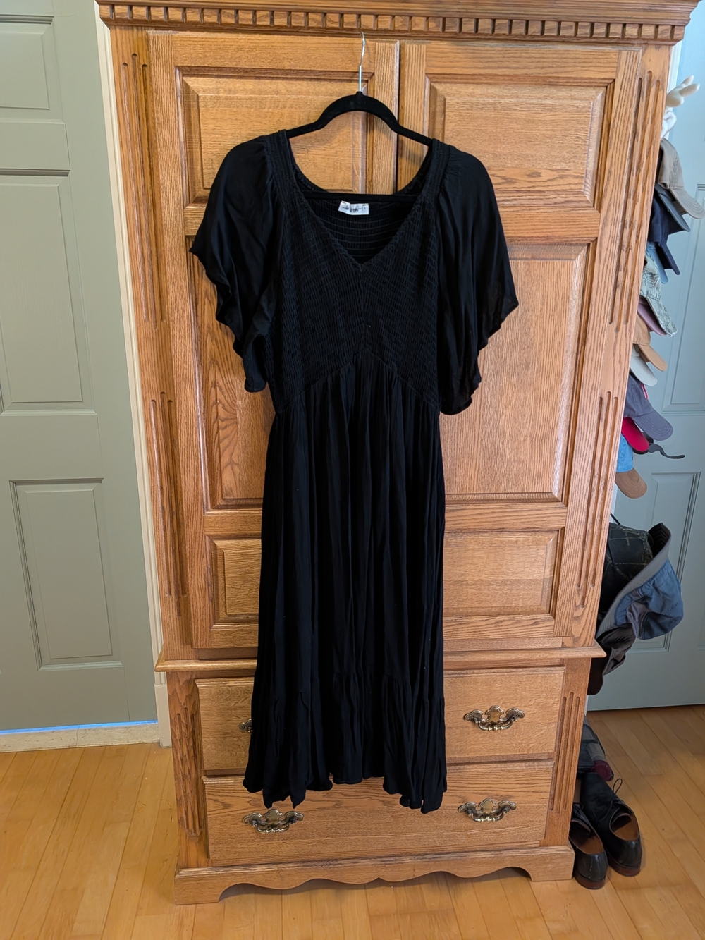 In Bloom Black Maxi Dress with V-Neck and Flutter Sleeves